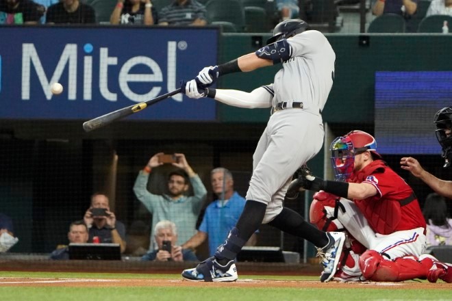 Aaron Judge hits a two-run homer to deep left-field against the Angels