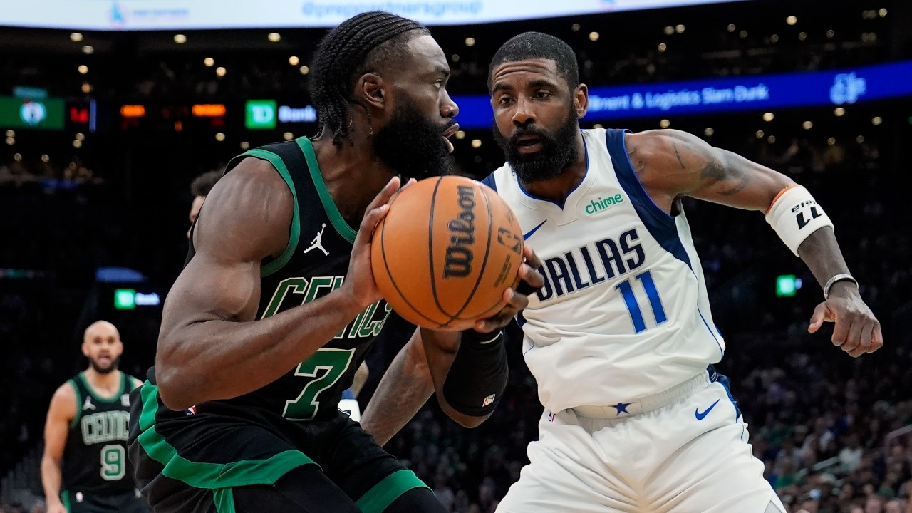 Brown's impressive defensive skills on display as he blocks Irving's shot