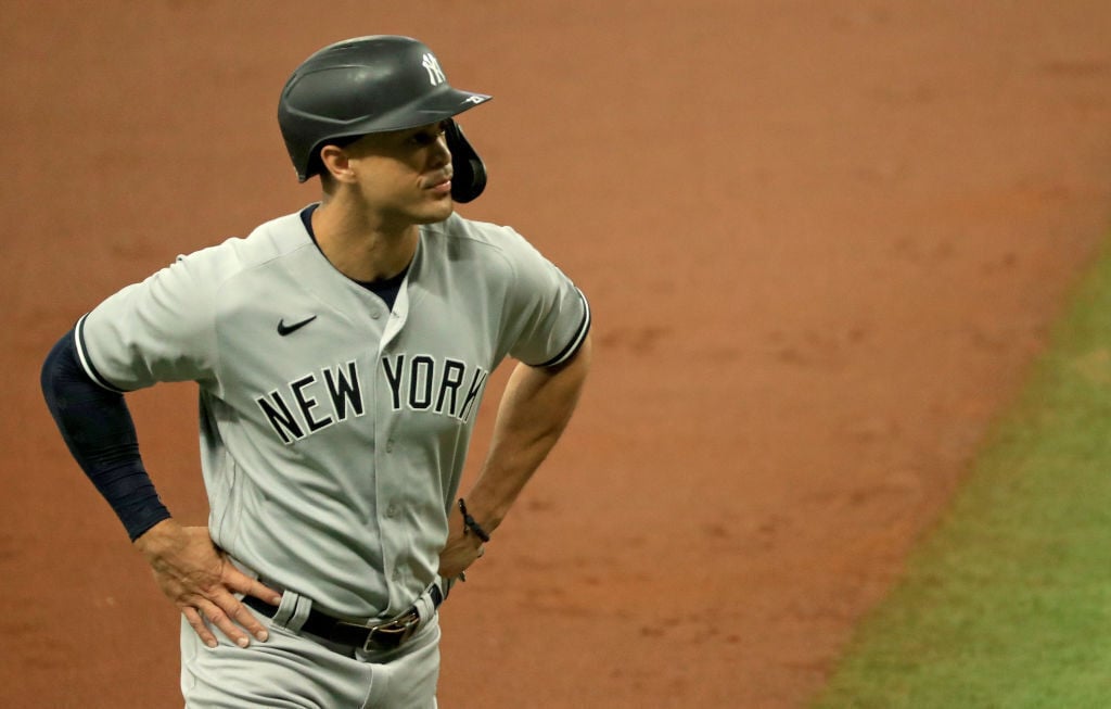 Giancarlo Stanton of the Yankees exits game due to tightness in left hamstring