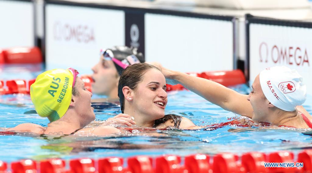 Kylie Masse of Canada finishes outside the medals in 100m backstroke final