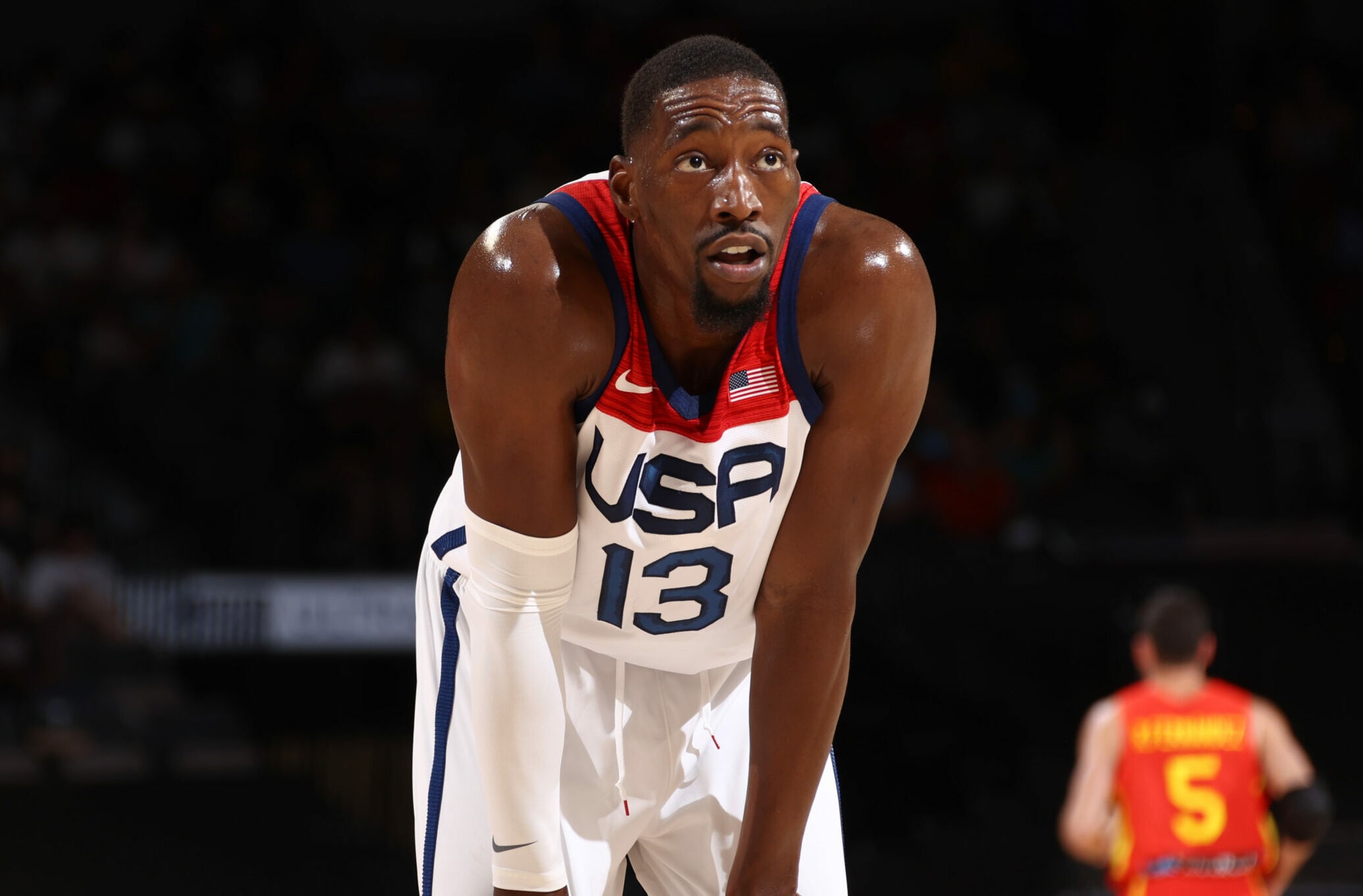 LeBron James of the USA scores with a pass from Adebayo