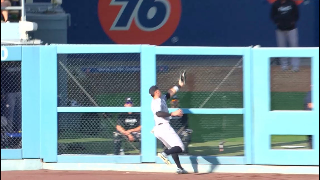 Outfielder risks injury to make spectacular catch at the outfield wall