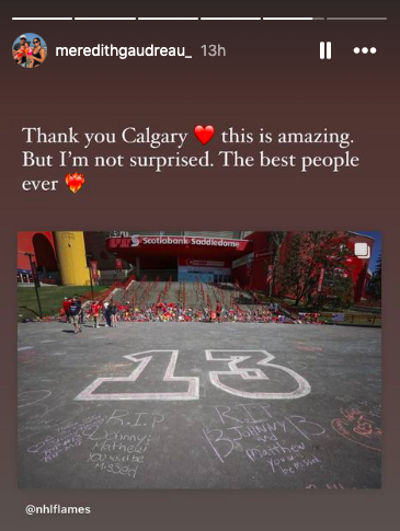 Meredith Gaudreau expresses gratitude to the city of Calgary for the memorial outside Saddledome