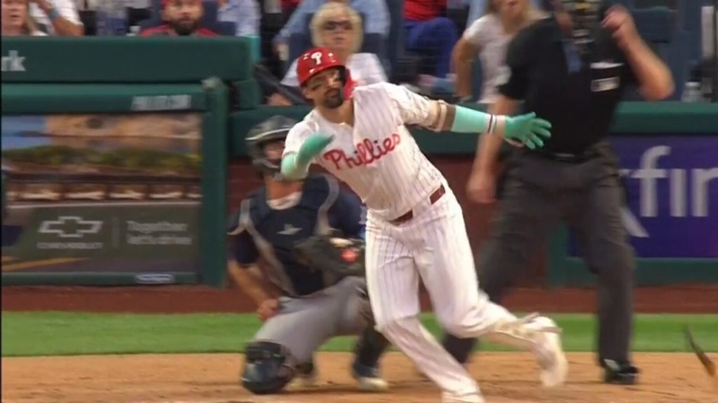 Nick Castellanos of the Phillies hits a two-run homer just over the fence